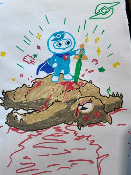 A child's colorful marker drawing of a blue-costumed superhero figure with a sword standing triumphantly on a defeated crocodile-like creature surrounded by a pool of red.
