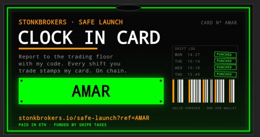 A 'CLOCK IN CARD' for STONKBROKERS Safe Launch, assigned to user AMAR, featuring a shift log with all days marked PUNCHED and a barcode.