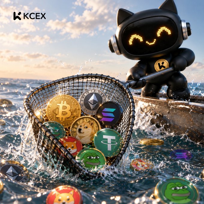 A 3D-rendered KCEX mascot robot character in a small boat using a net to scoop up various cryptocurrency tokens, including Bitcoin, Dogecoin, and Pepe coins, from the ocean.