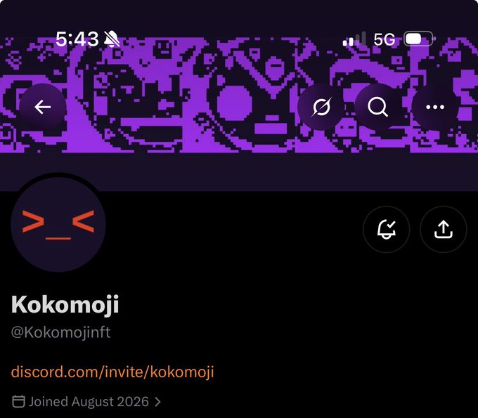 Mobile view of the @Kokomojinft X/Twitter profile showing a purple pixel-art header, the handle "Kokomoji", a Discord invite link, and "Joined August 2026".