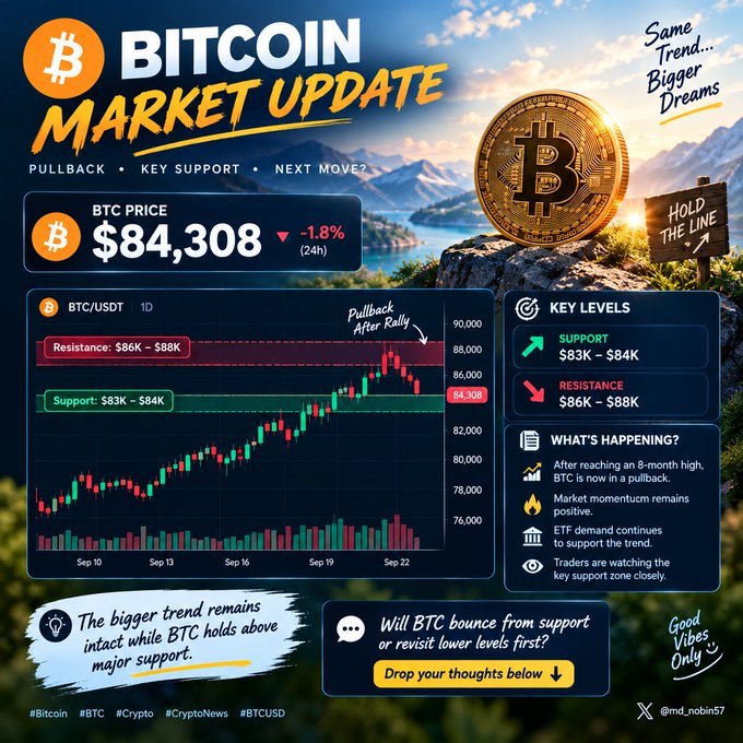 A Bitcoin market update infographic showing BTC price at $84,308 (-1.8% in 24h), with a candlestick chart indicating resistance at $86K-$88K and support at $83K-$84K, labeled 'Pullback After Rally.'