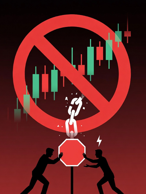 An illustration depicting a prohibition symbol over a candlestick chart with a broken chain and two silhouetted figures, symbolizing a ban or warning against trading/investing.