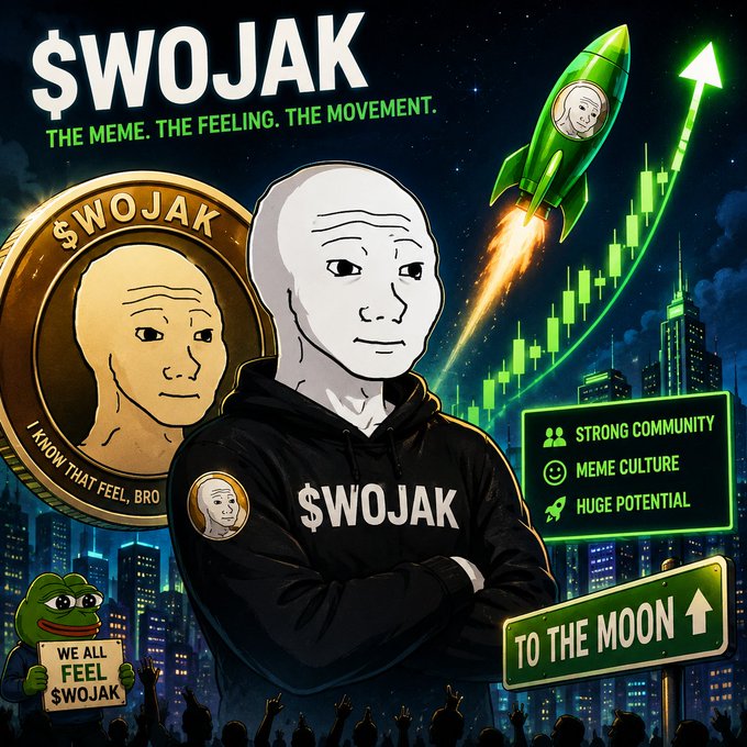 A vibrant promotional poster for the $WOJAK cryptocurrency meme coin featuring the classic Wojak character in a hoodie, surrounded by a gold $WOJAK coin, a rocket with an upward chart, a Peace Frog mascot holding a 'WE ALL FEEL $WOJAK' sign, and city skyline imagery with text including 'THE MEME. THE FEELING. THE MOVEMENT.' and 'TO THE MOON'.