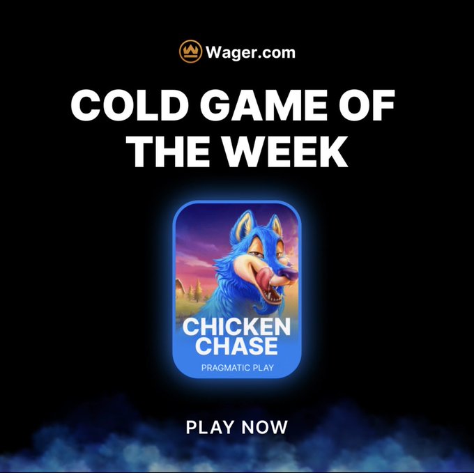 The image features a black background with white text that reads "Cold Game of The Week" followed by an advertisement for a game called "Chicken Chase". The advertisement includes a blue cartoon chicken character, which appears to be the main focus of the ad. The text also mentions that there is a 100-USDT reward for 3 people who can make this game hot and tag at least 2 friends with their account information.