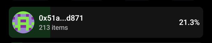 A dark interface element displaying a wallet address '0x51a...d871' with 213 items and a 21.3% value indicator.