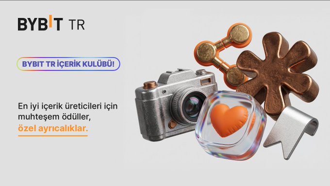 A promotional banner for 'BYBIT TR' introducing the 'BYBIT TR İÇERİK KULÜBÜ' (Content Club) offering rewards and privileges for content creators, decorated with 3D icons of a camera, fidget spinner, heart, and arrow.