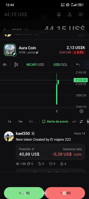 A mobile app screen displays cryptocurrency information for 'Aura Coin' (H3SE_pump) showing a price chart and trading details.