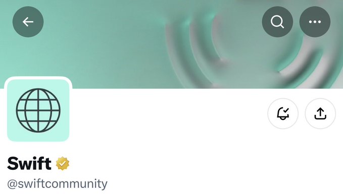 The image shows a Twitter/X profile header for Swift (@swiftcommunity) featuring a mint-green banner with subtle ripple-like wave patterns, paired with a light green globe icon as the profile picture and a verified gold checkmark next to the name. The banner's flowing wave design visually mirrors the "ripple" wordplay referenced in the post, which humorously questions whether the aquatic-style banner is just coincidence given Swift's name.