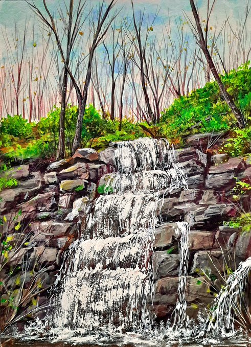 The image features a painting of a waterfall cascading down from a rock wall, surrounded by trees with green leaves. The painting has a watercolor style that gives it an artistic touch. The artist's name is mentioned at the bottom right corner of the artwork.