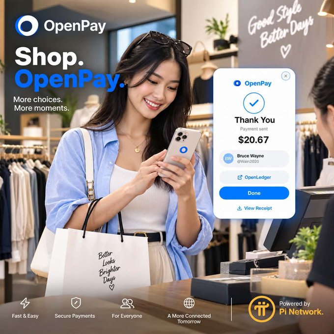 A smiling young woman shops in a clothing store while using her smartphone, with an overlaid OpenPay payment confirmation screen showing "Thank You," a payment of $20.67 sent to Bruce Wayne (@Warl2020) via OpenLedger, reinforcing the ad's tagline "Shop. OpenPay. More choices. More moments." and highlighting its "Fast & Easy, Secure Payments, For Everyone" features powered by Pi Network.