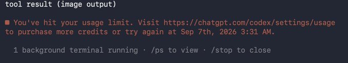 The image shows a terminal output from ChatGPT's Codex tool indicating the user has hit their usage limit, with a message stating "You've hit your usage limit. Visit https://chatgpt.com/codex/settings/usage to purchase more credits or try again at Sep 7th, 2026 3:31 AM," along with a note about a background terminal that can be viewed with "/ps" or closed with "/stop." The post titled "GPT 6 was fun while it lasted" relates to this image as it humorously captures the moment when a user was cut off from using the AI service due to exceeding their usage quota.
