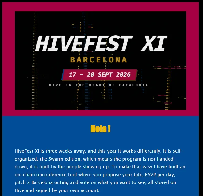 A promotional graphic for 'HIVEFEST XI' in Barcelona from 17-20 Sept 2026, described as a self-organized 'Swarm edition' on-chain unconference.
