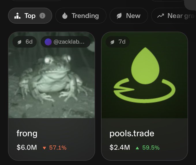 A crypto marketplace screenshot showing two NFT tokens: 'frong' (a frog image) at $6.0M down 57.1%, and 'pools.trade' (a green water drop logo) at $2.4M up 59.5%, under a Top/Trending/New menu.