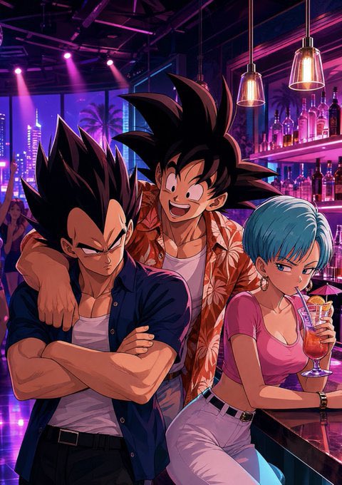 Anime-style artwork of three characters at a neon-lit bar with purple and pink lighting, featuring a spiky-haired man in the center, a dark-haired muscular man on the left, and a blue-haired woman on the right.
