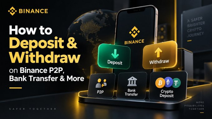 A Binance promotional graphic titled "How to Deposit & Withdraw on Binance P2P, Bank Transfer & More" displaying a smartphone with the Binance logo alongside deposit/withdraw options (P2P, Bank Transfer, Crypto Deposit) and the tagline "A Safer, Brighter Crypto Journey."

The image visually outlines the multiple funding methods mentioned in the post—P2P, bank transfer, and crypto deposit—using clear icons (people, bank building, and crypto tokens) that correspond directly to the different ways users can move money in and out of their Binance accounts.