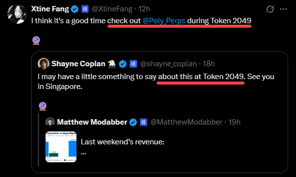The image shows a Twitter thread with Xtine Fang (@XtineFang) recommending checking out @PolyPerps at Token 2049, following a post by Shayne Coplan (@shayne_coplan) teasing an 18-hour-old message about having something to announce at Token 2049 in Singapore, with an earlier post by Matthew Modabber (@MatthewModabber) showing a revenue chart for Hyperliquid. The thread relates to the caption's analysis by highlighting how Poly Perps is being promoted ahead of Token 2049 as a competitor to Hyperliquid, suggesting the event is being used for product marketing rather than token/airdrop announcements, which aligns with the user's speculation that Poly Perps is positioning itself against Hyperliquid at the Singapore conference.