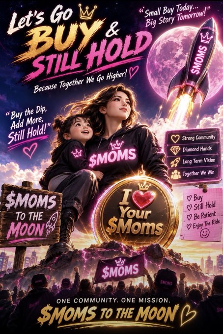 A vibrant crypto-themed promotional poster featuring a mother and child wearing '$MOMS' hoodies, with text reading 'Let's Go BUY & STILL HOLD' and '$MOMS TO THE MOON,' along with phrases like 'Buy the Dip, Add More, Still Hold!'.