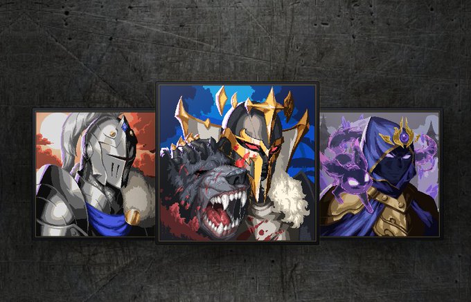 Three framed fantasy character portraits displayed against a dark textured wall, featuring a knight, a fierce warrior with a wolf, and a hooded sorceress with purple magic.