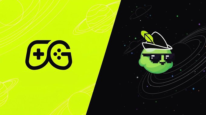 A split promotional graphic featuring the GameCenter logo on a neon yellow background with planet designs, and a green alien mascot wearing pixel sunglasses and a hat on a starry background.