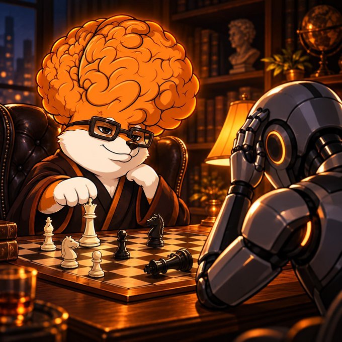 A digital illustration shows a character with a large orange brain for a head and glasses playing chess against a robot in a warm, study-like room.