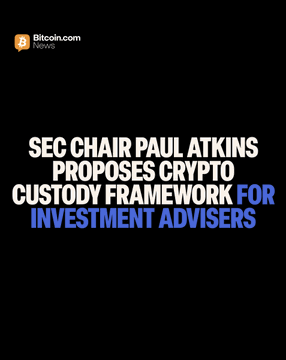 The image is a Bitcoin.com News graphic featuring bold text on a black background that reads: "SEC CHAIR PAUL ATKINS PROPOSES CRYPTO CUSTODY FRAMEWORK FOR INVESTMENT ADVISERS." It relates to the post by announcing Atkins's proposal of new rules for crypto assets, highlighting the SEC's move toward regulatory clarity for the now multi-trillion-dollar crypto market.