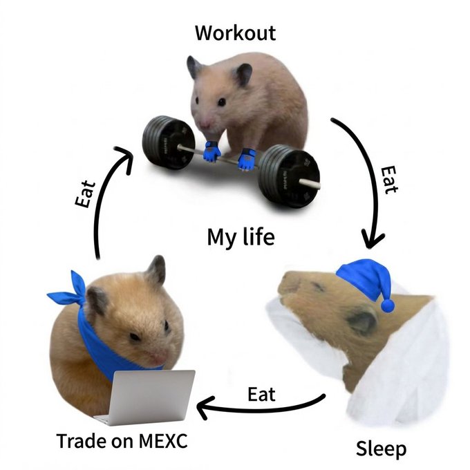 A meme showing a hamster's daily cycle—workout, eat, sleep, and "Trade on MEXC"—connected by "Eat" arrows in a loop, humorously illustrating a hamster lifestyle of nonstop trading, sleeping, and eating to fuel trading.