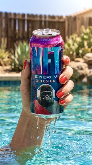 A hand with red-painted nails holds a colorful 'NFT ENERGY XPLOSION' Zero Sugar energy drink can featuring a gorilla wearing headphones, with water dripping from the can above a swimming pool.