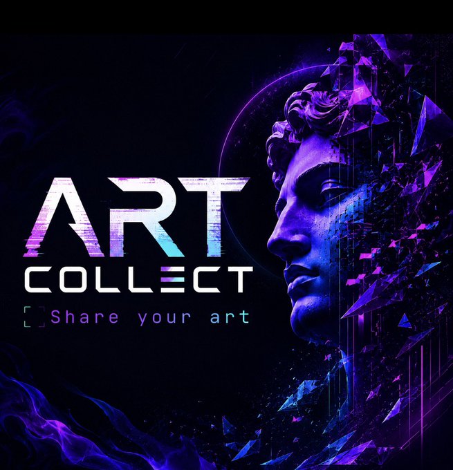 Promotional graphic for 'ART COLLECT' featuring a purple classical statue bust disintegrating into geometric shards, with the tagline 'Share your art'.