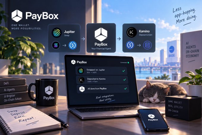 A promotional graphic for 'PayBox' with the tagline 'ONE WALLET. MORE POSSIBILITIES.', showing Jupiter and Kamino integrations, a laptop interface displaying completed swaps and deposits, and a cat sleeping nearby.