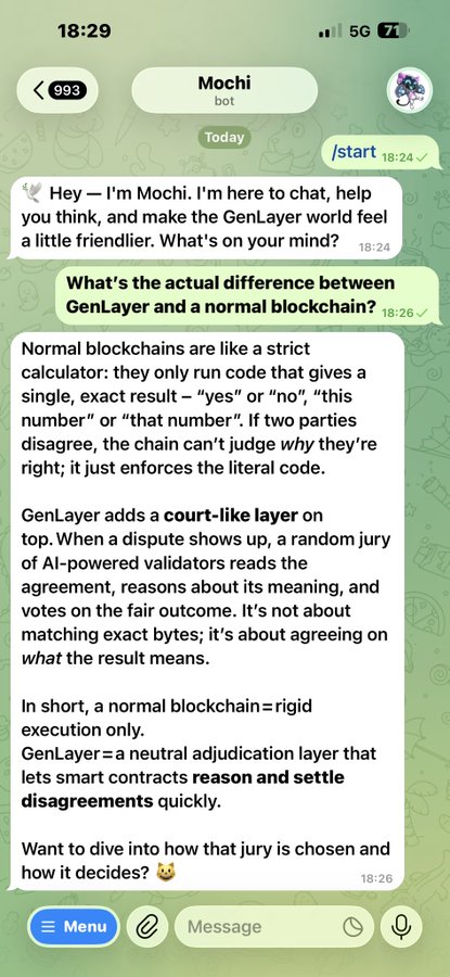 A Telegram conversation with the Mochi bot explaining how GenLayer differs from normal blockchains by adding a court-like layer where AI-powered validators reason about meaning rather than requiring exact matches. The bot illustrates that GenLayer enables smart contracts to settle disagreements through consensus on intent rather than rigid byte-for-byte execution.