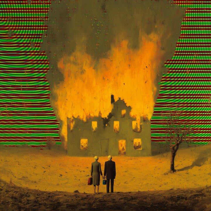 The image features a couple standing outside of an old, dilapidated house that appears to be engulfed by flames. The man and woman are holding hands while facing away from the viewer. The scene also includes a tree nearby and a red and green striped wall in the background. The image is accompanied by a caption that reads "Listed a new piece on @objktcom !!! Making Bad Decisions 1/1 NFC Lisbon in the @inkseart lounge".