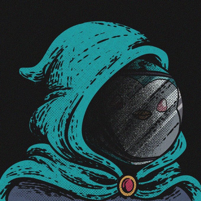 A dark, stylized illustration of a hooded figure with a turquoise hood and a helmeted face, featuring a red gem at the collar against a black background.