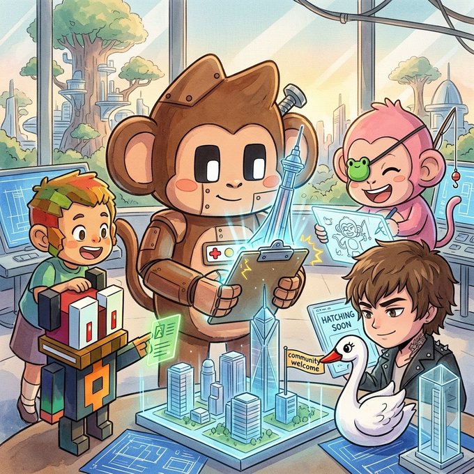 A colorful cartoon illustration featuring various NFT/crypto characters, including a large monkey-headed robot, a pink monkey with an eye patch, a boy with a blocky figure, a boy holding a "Hatching Soon" sign and a goose, and a futuristic cityscape with a tower in the background.
