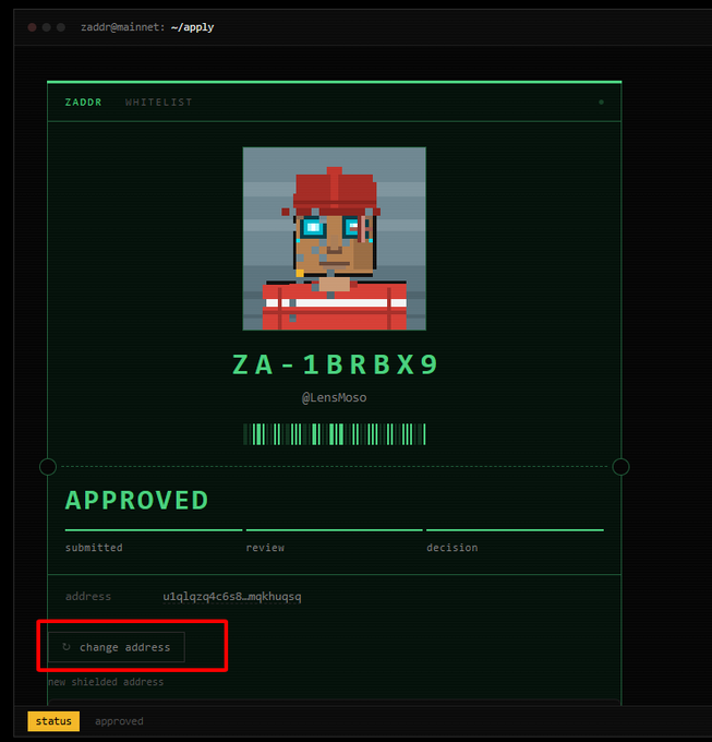 A terminal-style web interface titled 'ZADDR WHITELIST' displaying a pixel art character avatar, the address 'ZA-1BRBX9' by @LensMoso, and an 'APPROVED' status with a highlighted 'change address' button.