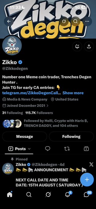 A screenshot of the X (Twitter) profile for "Zikko" (@Zikkodegen), displaying a banner and profile image with the username "Zikko degen," 115.7K followers, and a pinned post about an upcoming call on August 15th. The profile's bio references "Number one Meme coin trader, Trenches Degen Hunter" with a link to a Telegram group, which connects to the accompanying Solana contract address "BakyXRTtW2cdivHrqoENQhSfaMjGLRgDudV8QSBGcKNf" likely promoted through this social media channel.