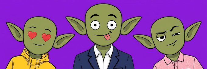 A cartoon illustration of three green-skinned goblin-like characters with pointed ears against a purple background—one with heart eyes in a yellow hoodie, one center sticking out its tongue in a suit, and one smirking in a pink shirt.
