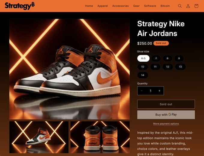 A screenshot of an e-commerce product page on a website with 'Strategy' branding, showing 'Strategy Nike Air Jordans' for $250.00 marked as 'Sold out', featuring black, white, and orange sneakers displayed against a neon orange crossed-lines background.