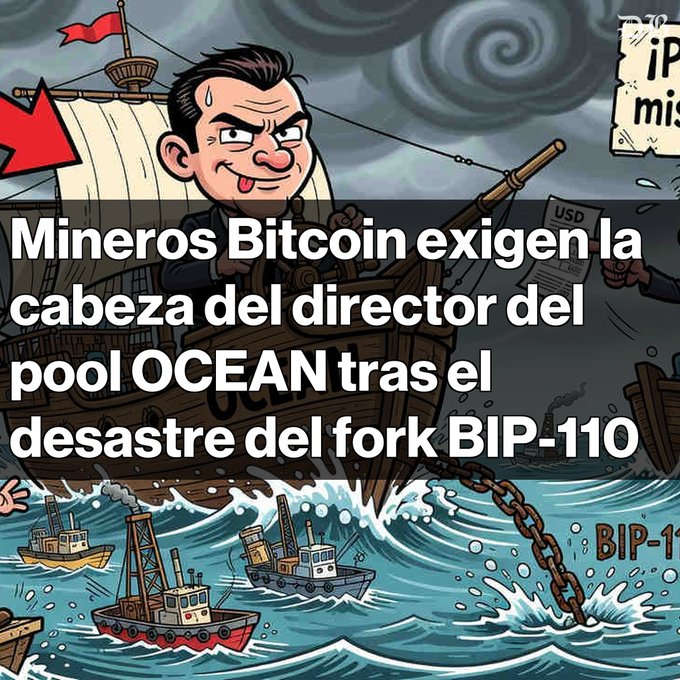 A cartoon illustration of a pirate captain on a sinking ship, with Spanish text reading 'Mineros Bitcoin exigen la cabeza del director del pool OCEAN tras el desastre del fork BIP-110'.