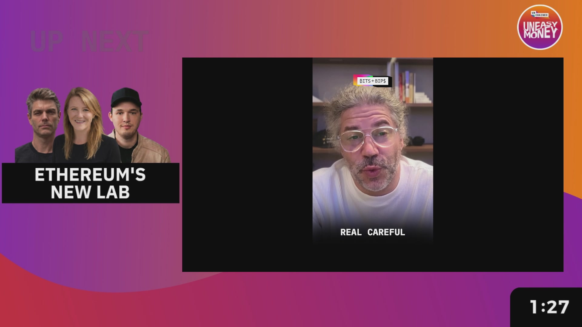 The image shows a computer screen displaying an interview with three people, including two men and one woman. They are shown discussing the topic of "Ex-Ethereum Foundation researchers launched their own lab". The background color of the image is purple, which complements the purple text on the screen that reads "Ex-Ethereum Foundation researchers launched their own lab".