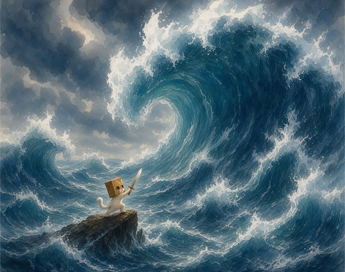 A fantasy illustration of a small white cat wearing a cardboard box on its head and holding a sword, standing on a rock facing a massive ocean wave.