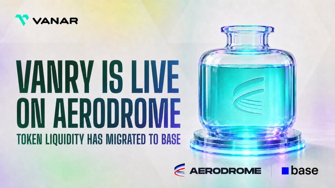 The image is a promotional banner for VANRY's launch on Aerodrome, featuring a glowing blue glass jar on a holographic platform with the VANRY logo at the top left. Key text reads "VANRY IS LIVE ON AERODROME" and "TOKEN LIQUIDITY HAS MIGRATED TO BASE," along with the Aerodrome and Base logos at the bottom, visually reinforcing the announcement of VANRY's expansion to the leading Base liquidity hub.