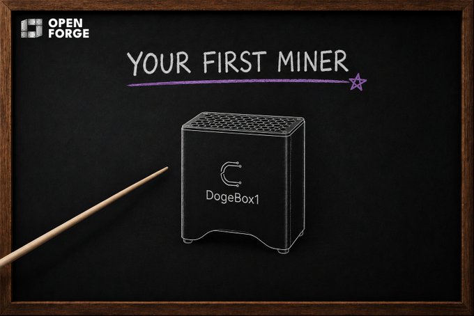 A chalkboard-style illustration shows a boxy 'DogeBox1' device under the heading 'YOUR FIRST MINER', with the 'OPEN FORGE' logo in the top left corner and a wooden pointer stick visible on the left.