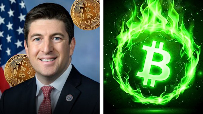 A smiling congressman stands beside American and Bitcoin-themed imagery, complementing a post celebrating the advancement of a Strategic Bitcoin Reserve bill through the House committee. The accompanying fiery green Bitcoin logo visually reinforces the post's urgent tone about nations potentially competing for the fixed supply of 21 million Bitcoin.