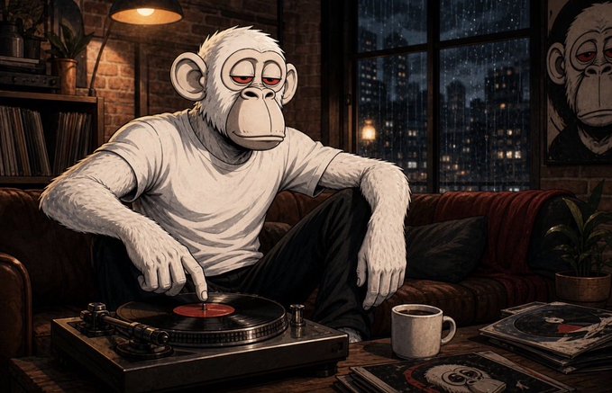 An illustration of a weary-looking white monkey wearing a t-shirt, sitting on a couch in a brick-walled apartment while operating a record player, with a city skyline visible through the rainy window behind it.
