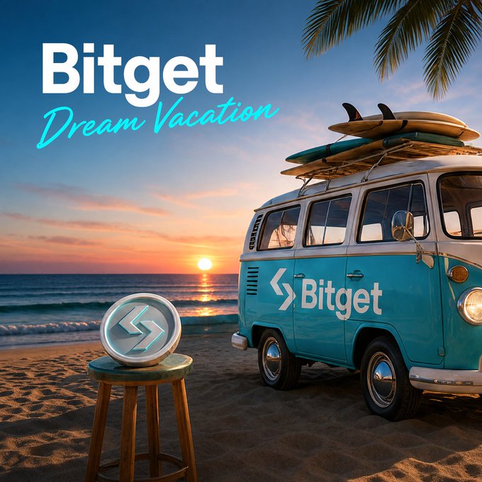 A promotional graphic for 'Bitget Dream Vacation' featuring a vintage blue and white Volkswagen van with surfboards on top, parked on a beach at sunset, with the Bitget logo on a stool in the foreground.