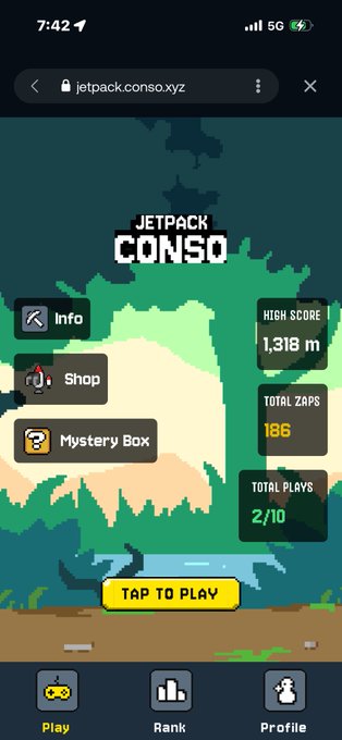 A screenshot of a mobile web game titled 'JETPACK CONSO' at jetpack.conso.xyz, showing a pixel art style menu with buttons for Info, Shop, and Mystery Box, along with high scores and a 'TAP TO PLAY' button.