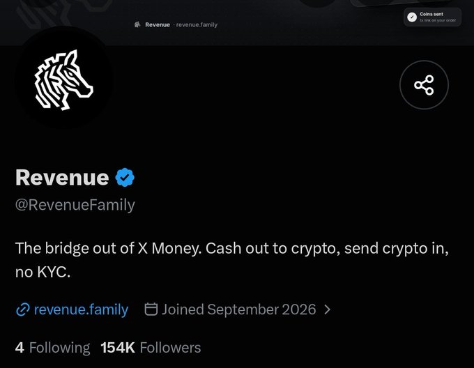 A screenshot showing the "Revenue" X account (@RevenueFamily), which has gained 154K followers and joined in September 2026, with its bio describing it as "The bridge out of X Money. Cash out to crypto, send crypto in, no KYC." The post questions the rapid growth and X Money connection referenced in the profile description.