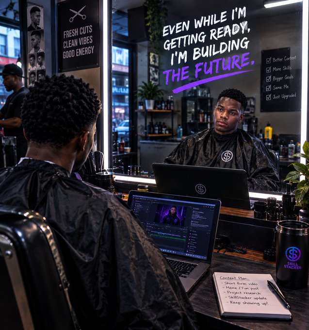 A man in a barber's chair wearing a black cape looks at a mirror reflecting himself, with a laptop open to video editing software on his lap; the mirror has text reading 'EVEN WHILE I'M GETTING READY, I'M BUILDING THE FUTURE' and a 'SKILL STACKER' cup sits on the counter.