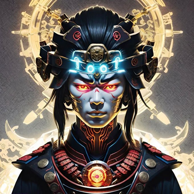 A fierce, cyberpunk-styled samurai with glowing blue eyes and ornate traditional armor stares intensely forward, visually embodying the "SamurAI" character being given away to a crypto community member. The futuristic-meets-traditional aesthetic reflects the fusion of Japanese samurai culture with Web3/NFT branding tied to the Base blockchain.