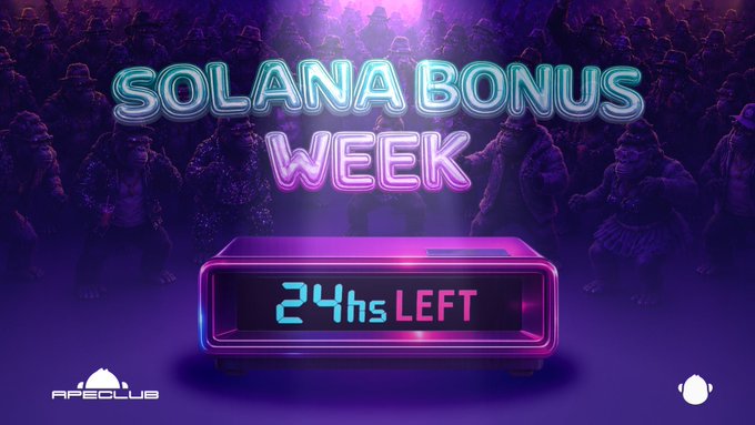 A promotional banner for "SOLANA BONUS WEEK" from APECCLUB with a neon retro aesthetic, showing a digital clock counting down with "24hs LEFT" set against a crowd background.